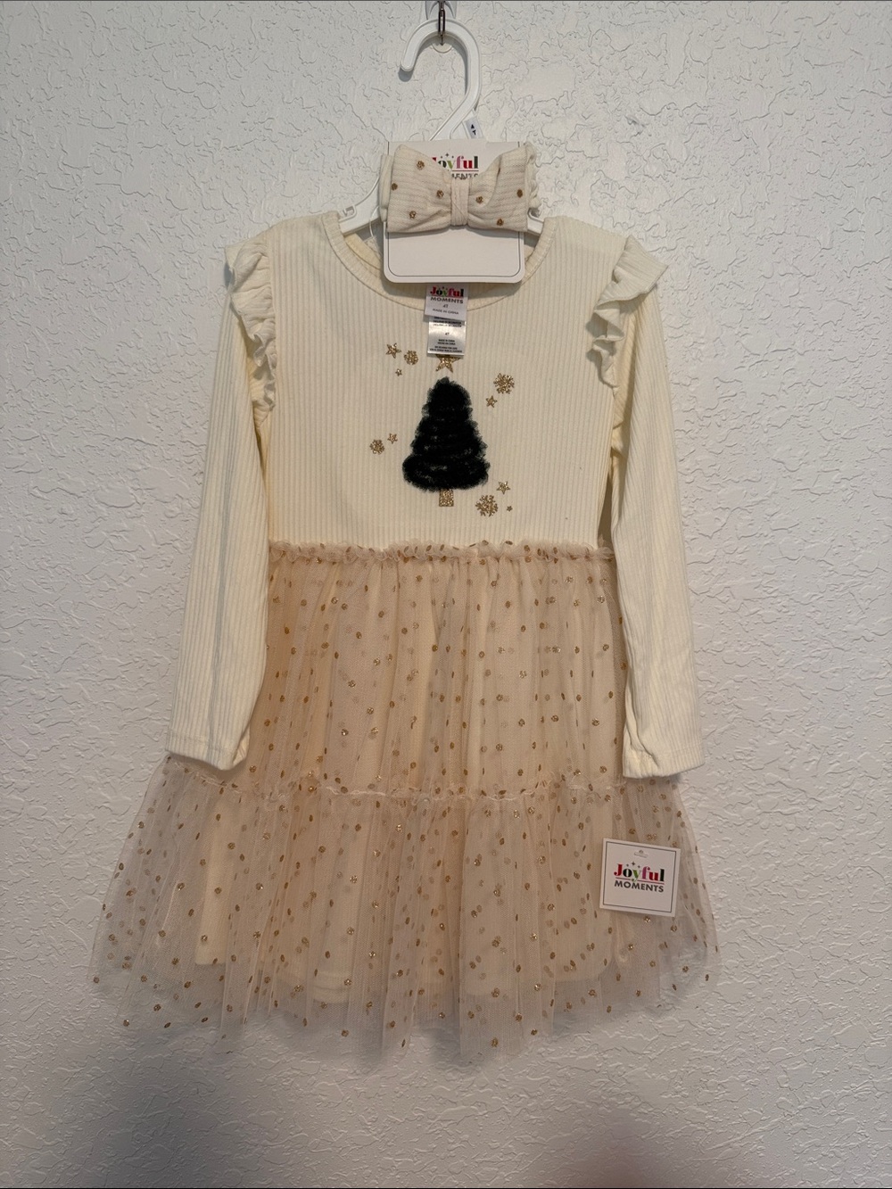 Girls' Cream & Gold Holiday Tree Tulle Dress